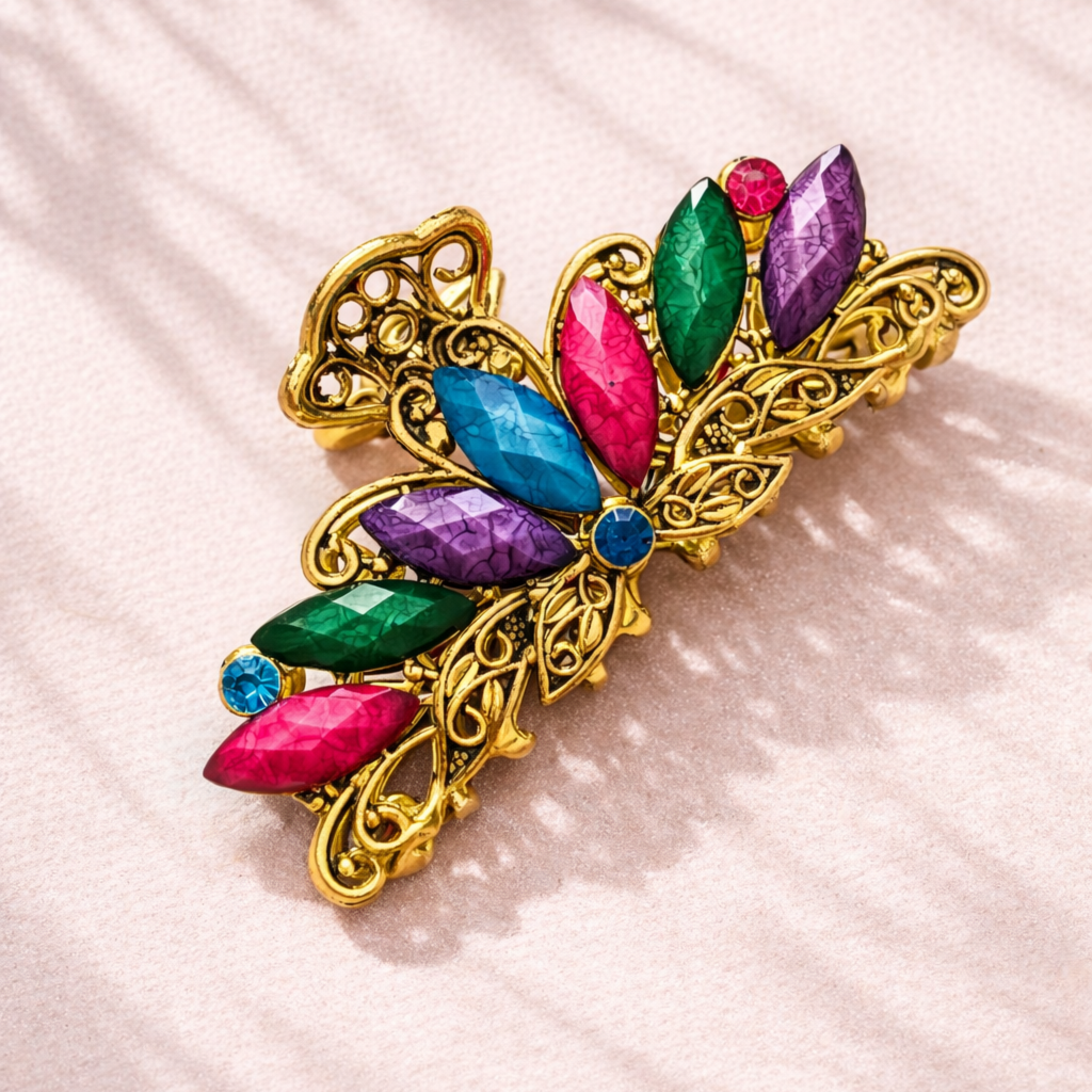 Vintage kovovy skripec do vlasu se barevnými kameny2